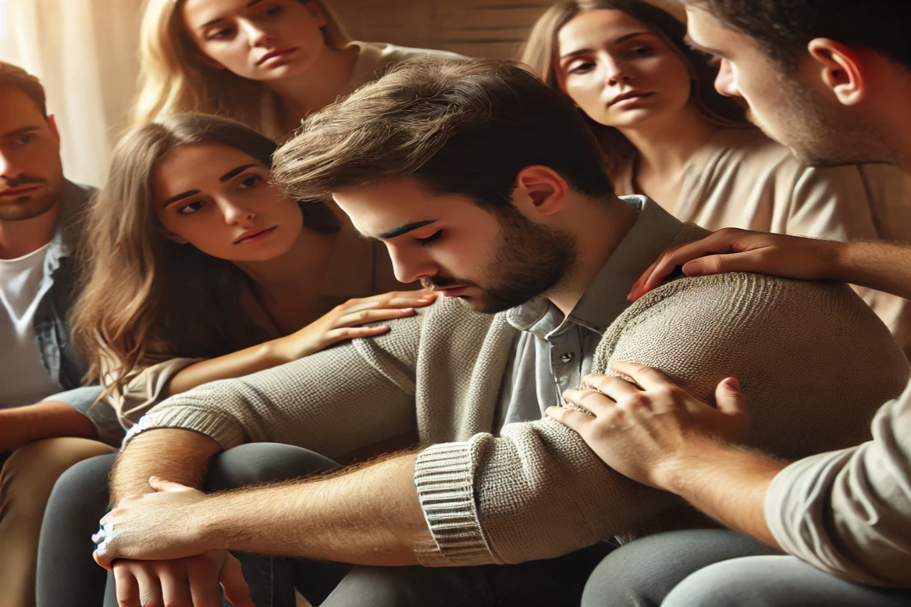 DALL·E-2024-10-05-21.08.04-A-group-of-friends-and-family-members-supporting-a-grieving-person.-One-person-is-gently-comforting-the-grieving-individual-by-placing-a-hand-on-their_resized-1.png